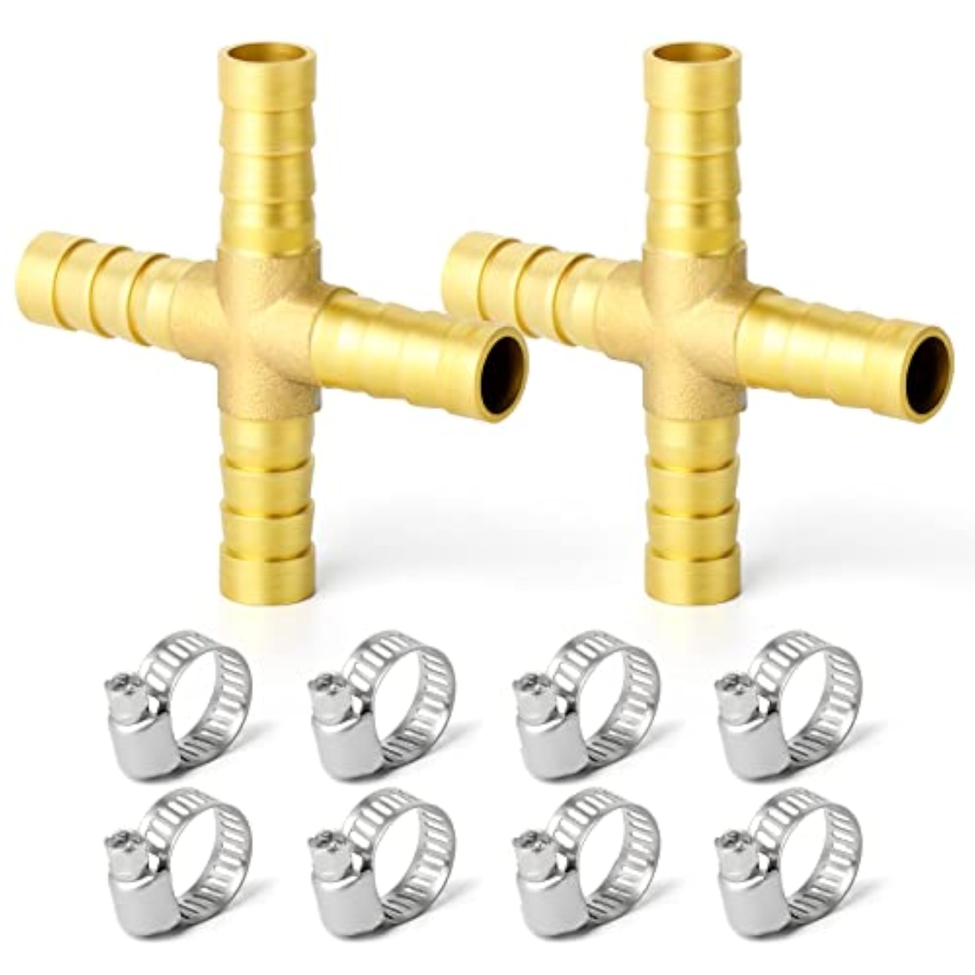 2PCS 1/4" Brass Hose Barb, 4-Way Hose Fitting with Clamps